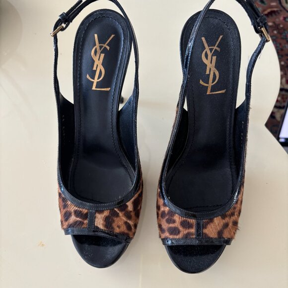 Saint Laurent Leopard Calf Hair Leather Slingback Platform Heels – Size 38 - Picture 4 of 11